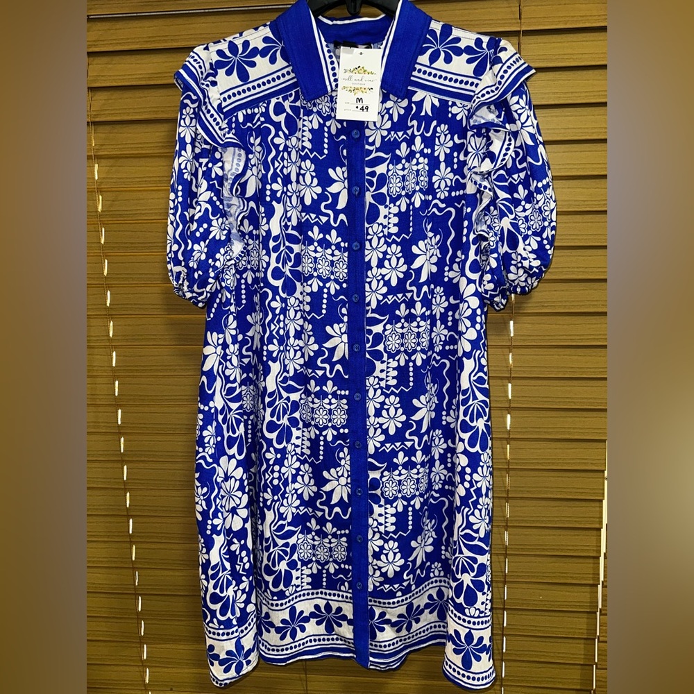 Vintage Style Blue & White Floral Button-Down Dress – Size M